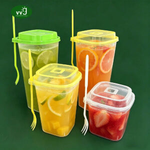 Plastic Fruit Tea Cup With Fork